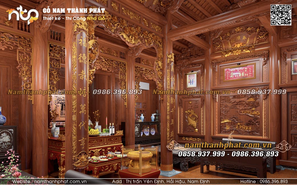 Thiết kế nội thất nhà gỗ 3 gian sơn son thếp vàng